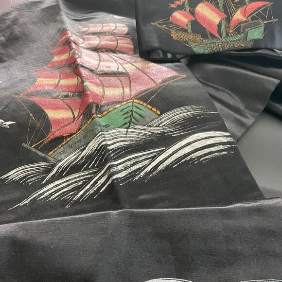 Japanese Nagoya Obi Sash in Pure Silk with a Painted Picture of an Old Ship - Picture 6 of 8